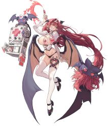 1girl absurdres arm_up asymmetrical_legwear bat_(animal) black_footwear black_panties blood blood_bag breasts chamchamshia commentary demon_girl demon_wings earrings fang green_eyes hat highres holding holding_syringe huge_breasts jewelry leg_belt long_hair low-tied_long_hair mary_janes navel nurse nurse_cap original panties pasties pill pointy_ears red_hair red_nails refrigerator shoes simple_background skin_fang smirk syringe thighhighs underwear very_long_hair white_background white_thighhighs wings