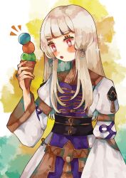 blush diamond-shaped_pupils diamond_(shape) dress emphasis_lines fire_emblem fire_emblem:_three_houses fire_emblem_warriors:_three_hopes highres holding holding_ice_cream_cone ice_cream_cone long_hair lysithea_von_ordelia nintendo official_alternate_costume official_alternate_hairstyle open_mouth red_eyes sidelocks symbol-shaped_pupils vianchiel white_background wide_sleeves