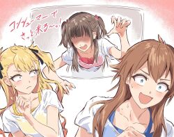 3girls :d ahoge blonde_hair blue_eyes blunt_bangs breasts brown_hair bullfalk character_request closed_mouth collarbone commentary_request copyright_request double-parted_bangs evil_smile fleeing frown long_hair looking_at_another looking_back medium_breasts multiple_girls nervous_smile no_eyes open_mouth shaded_face shirt short_sleeves sidelocks smile sweat t-shirt through_medium through_screen translation_request two_side_up white_shirt