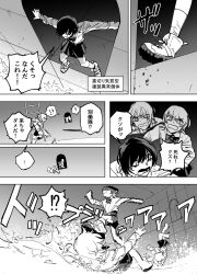 !? 4girls booby_trap bow bowtie clone colored_tips comic commentary_request commission cooking_oil doorway dress_shirt falling glaring greyscale highres ladder long_sleeves looking_at_another mado_(mukade_tou) monochrome motion_blur multicolored_hair multiple_girls on_ladder original pixiv_commission pleated_skirt pushing running school_uniform shirt shoes skirt sneakers socks stepped_on tile_wall tiles translation_request v-shaped_eyebrows