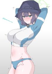 1girl absurdres arms_behind_head bikini bikini_bottom_only black_hat blue_archive blue_bikini blue_eyes blue_hair blush breasts bucket_hat closed_mouth dark_blue_hair green_halo halo hat highres large_breasts long_sleeves looking_at_viewer medium_hair navel object_insertion official_alternate_costume raglan_sleeves rash_guard redeadman100 saki_(blue_archive) saki_(swimsuit)_(blue_archive) shiny_skin simple_background solo swimsuit trembling twitter_username vaginal vaginal_object_insertion vibrator_under_swimsuit