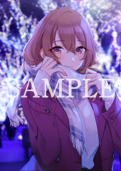 Rule 34 | 1girl, blurry, blurry background, blush, bokeh, breasts, brown eyes, brown hair, christmas lights, closed mouth, commentary request, depth of field, double-parted bangs, eyes visible through hair, hair between eyes, hands up, jacket, kohinata iroha (imouuzai), long sleeves, looking at viewer, official art, open clothes, open jacket, outdoors, red jacket, sample watermark, scarf, sleeves past wrists, smile, solo, sweater, tomari (veryberry00), tomodachi no imouto ga ore ni dake uzai, watermark, white scarf, white sweater