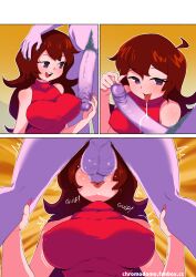 1boy 1girl absurdres breasts censored chromodomo covered_erect_nipples daddy_dearest fanbox_username friday_night_funkin&#039; girlfriend_(friday_night_funkin&#039;) hand_on_another&#039;s_head hetero highres incest kneepits large_breasts long_hair looking_at_penis looking_at_viewer male_pubic_hair mosaic_censoring nail_polish netorare open_mouth oral panels penis pink_nails pubic_hair purple_eyes red_hair saliva saliva_trail sleeveless smile solo_focus teeth testicles tongue tongue_out turtleneck upper_body upper_teeth_only watermark web_address