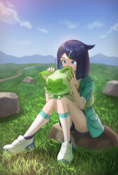 1girl absurdres bag black_hair blue_eyes cloud commentary_request cowlick day ganze_382 grass hair_ornament hairclip hands_up highres holding holding_pokemon jacket liko_(pokemon) looking_down nintendo open_clothes open_jacket outdoors petting pokemon pokemon_(anime) pokemon_(creature) pokemon_horizons rock shirt shoes shorts sitting sky socks sprigatito