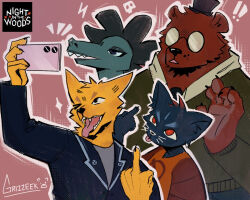 ! !! 2boys 2girls angus_delaney animal_ears artist_name bea_santello bear_boy bear_ears black_fur black_jacket brown_fur cat_ears cat_girl cat_nose claws commentary copyright_name crocodile_girl english_commentary fangs fox_boy fox_ears furry furry_female furry_male green_sweater gregg_lee grizzeek hat jacket lightning_bolt_symbol mae_borowski middle_finger mini_hat mini_top_hat multiple_boys multiple_girls night_in_the_woods notice_lines one_eye_closed open_mouth red_shirt round_eyewear selfie shirt skull smile sparkle sweater tongue tongue_out top_hat whiskers yellow_fur