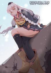 1girl absurdres asymmetrical_legwear black_gloves black_skirt black_socks boots brown_boots brown_jacket character_name cloak copyright_name crossed_legs english_text female_focus girls&#039;_frontline gloves grey_hair hair_ornament hair_ribbon hairclip hat highres jacket kneehighs komb long_hair looking_at_viewer low-tied_long_hair military military_hat military_uniform orange_eyes ribbon shirt single_kneehigh single_sock sitting skirt socks solo svd_(girls&#039;_frontline) thighhighs thighs uneven_legwear