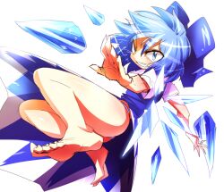 Rule 34 | 1girl, bad id, bad pixiv id, bad twitter id, blue eyes, blue hair, cirno, fairy, fairy wings, ice, ice wings, non-web source, original, pants, shimizu pem, short hair, touhou, white pants, wings