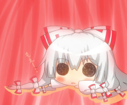 1girl black_eyes blush bow chibi female_focus fire fujiwara_no_mokou hair_bow hair_ribbon long_hair long_sleeves lying noiz on_stomach open_mouth red_background ribbon simple_background solid_circle_eyes solo touhou white_hair