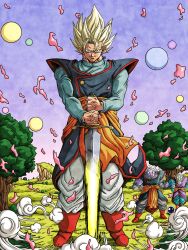 Rule 34 | 3boys, absurdres, aura, blonde hair, dragon ball, dragonball z, energy sword, full body, green eyes, halo, highres, hiro (udkod1ezlyi2flo), holding, holding sword, holding weapon, kaioushin, kibito, male focus, medium hair, multiple boys, rou kaioushin, smirk, solo focus, spiked hair, super saiyan, super saiyan 1, sword, vegetto, weapon