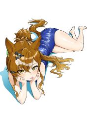 1girl amik0824 animal_ears bare_legs barefoot blush brown_hair elbow_rest full_body hair_ornament hands_on_own_face highres horse_ears horse_girl horse_tail jungle_pocket_(umamusume) long_hair one-piece_swimsuit ponytail solo swimsuit tail tongue tongue_out umamusume yellow_eyes