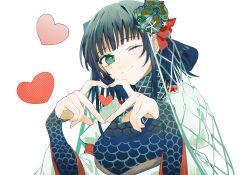 1girl 4-finger_heart_hands black_hair blunt_bangs braid braided_hair_rings fate/samurai_remnant fate_(series) fishing_net green_eyes hair_ribbon hair_rings heart heart_hands heart_in_heart_hands highres japanese_clothes long_sidelocks long_sleeves net one_eye_closed ototachibana-hime_(fate) puffy_sleeves red_ribbon ribbon scale_print sidelocks smile solo turtleneck urtk07