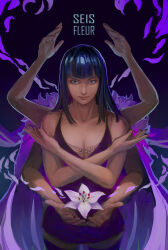 1girl adapted_costume black_hair blue_eyes blunt_bangs cassandra_(avocasso) closed_mouth commentary cowboy_shot cross-laced_clothes cross-laced_top devil_fruit_power dress extra_arms flower gradient_background hana_hana_no_mi highres light_smile looking_at_viewer medium_hair nico_robin nico_robin_(whisky_peak) one_piece petals purple_dress solo