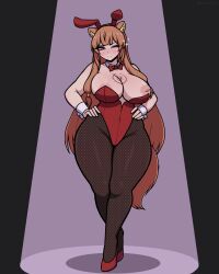 1girl absurdres animal_ear_fluff animal_ear_hairband animal_ears bare_shoulders black_pantyhose blush bow bowtie breasts brown_hair chest_tattoo cleavage closed_mouth collar commentary commission curvy detached_collar double-parted_bangs english_commentary fake_animal_ears full_body hairband hands_on_own_hips highleg highleg_leotard highres huge_breasts inverted_nipples leotard long_hair looking_at_viewer nipple_slip nipples one_eye_closed pantyhose pink_eyes playboy_bunny purple_background rabbit_ear_hairband rabbit_ears raccoon_ears raccoon_girl raphtalia red_bow red_bowtie red_leotard red_shoes saltdrawyou shoes smile solo sparkle spotlight standing strapless strapless_leotard tate_no_yuusha_no_nariagari tattoo thick_thighs thighs very_long_hair white_collar white_wrist_cuffs wide_hips wrist_cuffs
