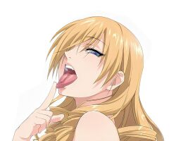 1girl blonde_hair blue_eyes drill_hair finger_to_mouth hair_over_one_eye half-closed_eyes highres in_heat index_finger_raised mature_female medium_hair mushiro_(nijie728995) naughty_face oriana_thomason seductive_gaze source_request teeth toaru_majutsu_no_index tongue tongue_out