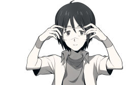 1boy adjusting_eyewear asada_hachi closed_mouth collared_shirt commentary_request dennou_coil glasses grey_background greyscale hair_between_eyes hands_up harakawa_ken&#039;ichi highres looking_at_viewer male_focus monochrome open_clothes open_shirt shirt short_hair short_sleeves simple_background smile solo sweatband upper_body