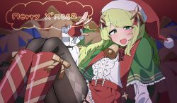Rule 34 | 1girl, absurdres, bell, blush, bow, bowtie, breasts, cape, center frills, christmas, christmas ornaments, fingerless gloves, frills, gloves, green cape, green eyes, green hair, hair ornament, hat, highres, long hair, long sleeves, looking at viewer, merry christmas, morinaka kazaki, neck bell, nijisanji, pantyhose, red gloves, red ribbon, red skirt, ribbon, santa costume, santa hat, shirt, skirt, smile, solo, star (symbol), star hair ornament, tsuukon (tukonn), virtual youtuber