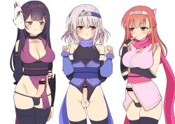 1boy 2girls absurdres asuka_minato bar_censor black_choker black_leotard black_panties black_sleeves black_thighhighs blush breasts brown_eyes bulge censored character_request check_character choker cleavage closed_mouth clothing_aside commission cowboy_shot crossdressing detached_sleeves erection forehead_protector futanari grey_hair hair_between_eyes hair_ornament hairclip highres hokuro_ryuuseigun japanese_clothes kimono large_breasts leotard leotard_aside long_hair mask mask_on_head medium_hair mouth_mask multiple_boys multiple_girls ninja ninja_(tera_online) ninja_mask orange_hair otome_domain panties pelvic_curtain pink_scarf pixiv_commission precum precum_string purple_eyes purple_hair purple_scarf red_eyes scarf short_kimono simple_background smile testicles thighhighs trap underwear watashi_no_hatsukoi_wa_hazukashisugite_dare_ni_mo_ienai white_background yasumi_kaede
