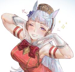 1girl amel_303 animal_ears bow bowtie brown_hat buttons double-breasted gloves gold_ship_(umamusume) hair_ribbon hat heart highres horse_ears horse_girl long_hair one_eye_closed pillbox_hat purple_eyes red_bow red_bowtie ribbon simple_background sleeveless smile solo umamusume upper_body white_background white_gloves white_hair