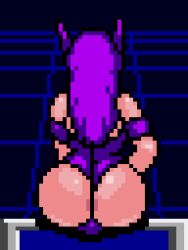 1girl armband ass from_behind grid grid_background huge_ass leotard long_hair nei phantasy_star phantasy_star_ii pixel_art pointy_ears purple_background purple_hair purple_leotard saiwai_hiroshi sega sitting