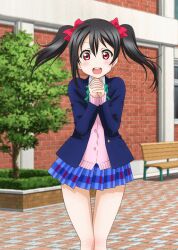 1girl :d anime_coloring bench black_hair blazer blue_jacket blue_skirt blush bow bowtie brick brick_wall cardigan day diagonal-striped_bow diagonal-striped_bowtie diagonal-striped_clothes dress_shirt feet_out_of_frame green_bow green_bowtie hair_bow hands_up hirayama_madoka jacket long_sleeves looking_at_viewer love_live! love_live!_school_idol_festival love_live!_school_idol_project miniskirt official_art open_clothes open_jacket open_mouth otonokizaka_school_uniform outdoors own_hands_clasped own_hands_together pink_cardigan plaid_clothes plaid_skirt pleated_skirt red_eyes school school_uniform shirt skirt smile solo standing striped_clothes teeth tile_floor tiles tree twintails upper_teeth_only white_shirt winter_uniform yazawa_nico