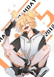 1boy :d ^_^ ahoge aotu_world arrow_(symbol) black_gloves black_shoes black_shorts blonde_hair blush chinese_commentary closed_eyes crown dated drawstring facing_viewer fingerless_gloves full_body gloves hair_between_eyes hand_up happy_birthday hood hood_down hoodie indian_style king_(aotu_world) male_focus mini_crown multicolored_hoodie open_mouth pointy_ears shoes short_hair short_sleeves shorts sitting smile sneakers solo sparkle tokiiiiiiiiiiiii w white_background white_hoodie