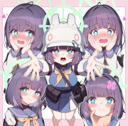 1girl absurdres bag belt_pouch blue_archive blue_eyes blue_sailor_collar blue_serafuku blue_skirt blush breasts bright_pupils bucket_hat carabiner combat_helmet fuyu_no_usagi green_halo halo hand_on_another&#039;s_chin hands_on_own_cheeks hands_on_own_face hat helmet highres large_breasts long_sleeves looking_at_viewer multiple_views neckerchief outstretched_arms pleated_skirt pouch purple_hair sailor_collar saki_(blue_archive) school_uniform serafuku short_hair shoulder_bag skirt smile stahlhelm white_helmet white_pupils yellow_neckerchief