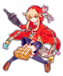 1girl 1other anime_coloring aqua_trim arm_cannon artist_request bag belt belted_coat black_socks blush bow brown_bag brown_footwear brown_sweater_vest butterfly_ornament chibi circle_print coat coat_bow collar crash_fever cub dot_nose flower flower_ornament full-length_zipper full_body game_cg green_eyes grey_eyes grey_fur grey_tail gun hair_between_eyes handbag holding holding_bag hood hood_up hooded_coat horizontal-striped_belt horizontal-striped_sleeves kneehighs knees_together_feet_apart little_red_riding_hood little_red_riding_hood_(grimm) loafers long_hair long_sidelocks long_sleeves mechanical_arms miniskirt number_print numbered official_art open_clothes open_coat open_mouth outline pink_flower pleated_skirt polka_dot_sleeve_cuffs print_skirt print_sleeve_cuffs red_bow red_hood red_outline red_riding_hood_(crash_fever) red_sleeves shoes sidelocks simple_background single_horizontal_stripe single_mechanical_arm single_sleeve_cuff skirt sleeve_cuffs socks solo_focus square square_print striped_belt striped_sleeves sweater_vest tachi-e third-party_source tongue tongue_out transparent_background two-tone_belt two-tone_fur two-tone_tail weapon white_collar white_fur white_stripes white_tail white_trim wing_collar wolf yellow_sleeve_cuffs zipper zipper_pull_tab
