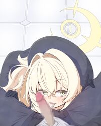 1boy 1girl absurdres beret black_coat black_gloves black_hat black_sailor_collar blonde_hair blue_archive blush censored coat commentary erection fluffy_hair gloves green_eyes hair_intakes halo hat hetero highres loli long_hair looking_at_viewer mosaic_censoring penis pov pov_crotch professor_niyaniya_(blue_archive) sailor_collar side_ahoge solo solo_focus unzipping_with_mouth yellow_halo yuto_xo