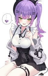 1girl :d aran_sweater argule0901 beret black_bow black_bowtie black_hat black_skirt bow bowtie breasts cable_knit cardigan collared_shirt commentary_request cross-laced_clothes cross-laced_sleeves demon_girl demon_tail double-parted_bangs earrings fake_horns fang frilled_shirt frilled_sleeves frills gradient_hair green_eyes grey_cardigan hair_between_eyes hair_ornament hairclip hand_up hat heart heart_o-ring high-waist_skirt highres hololive horned_headwear horns jewelry jirai_kei large_breasts leg_tattoo long_hair looking_at_viewer miniskirt multicolored_hair nail_polish o-ring o-ring_thigh_strap off_shoulder official_alternate_costume open_cardigan open_clothes open_mouth pink_hair pink_nails pleated_skirt pointy_ears pom_pom_(clothes) purple_hair shirt shirt_tucked_in short_sleeves side_ponytail simple_background sitting skin_fang skirt smile solo spiked_ear_piercing suspender_skirt suspenders sweater tail tattoo thigh_strap tokoyami_towa tokoyami_towa_(jirai_kei) virtual_youtuber white_background white_shirt winged_heart_tattoo