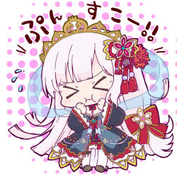 &gt;_&lt; 1girl :i black_dress black_shoes blush breasts character_request chibi cleavage closed_eyes closed_mouth commentary_request dress facing_viewer floating_hair flower flying_sweatdrops fruits_fulcute! full_body grey_hair hagoromo hair_flower hair_ornament halftone halftone_background kasuga_yuuki long_hair medium_breasts pantyhose red_flower shawl shoes small_sweatdrop solo standing sweat tiara translation_request very_long_hair wavy_mouth white_background white_pantyhose