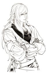 1boy arm_belt arm_pouch belt belt_pouch collared_jacket crossed_arms elezen elf estinien_varlineau final_fantasy final_fantasy_xiv from_side gloves greyscale hebi86070749 highres jacket light_smile lineart long_hair long_sleeves looking_ahead male_focus monochrome pointy_ears pouch scarf simple_background solo upper_body white_background