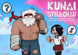 Rule 34 | 1boy, 1girl, ?, abs, alternate costume, bandaged hand, bandages, beard, black eyes, black hair, cherry blossoms, confused, dark-skinned male, dark skin, denim, english text, even older scott, facial hair, feet out of frame, full beard, future scott pilgrim, garabato, hands up, hetero, jeans, knives chau, large hands, long beard, pants, sanpaku, scott pilgrim, scott pilgrim (series), scott pilgrim takes off, short hair, smile, solid oval eyes, spoken question mark, standing, strongman waist, thick beard, thick eyebrows, time paradox, topless male, torn clothes, torn pants, walking