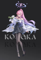 1girl absurdres angel_wings artist_name bespectacled black_background black_bow black_choker black_pantyhose black_shoes black_skirt blue_archive blue_bow blue_scrunchie bow bow_skirt breasts choker cleavage closed_mouth collarbone commentary_request criss-cross_halter earrings feathered_wings flower full_body glasses hair_ornament hair_scrunchie hairclip halo halter_shirt halterneck high-waist_skirt high_heels high_ponytail highres jewelry kosaka_kaslana long_hair looking_at_viewer merchandise_available mika_(blue_archive) pantyhose pink_hair ponytail pumps round_eyewear scrunchie shirt shirt_tucked_in shoes sidelocks simple_background skirt solo strappy_heels text_background thighband_pantyhose very_long_hair white_flower white_shirt white_wings wings yellow_eyes