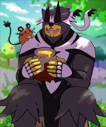 closed_eyes cloud commentary_request day dedenne fangs gen_6_pokemon gen_8_pokemon holding holding_pot honey legendary_pokemon looking_at_another mikami nintendo no_humans on_shoulder open_mouth outdoors pokemon pokemon_(creature) pokemon_on_shoulder pot size_difference sky tongue tree urshifu