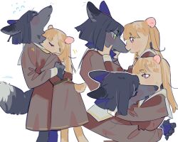 2girls black_hair blush braid brown_dress brown_hair center-flap_bangs closed_mouth clothing_cutout commentary_request dress flying_sweatdrops fox_girl furrification furry furry_female furry_with_furry green_eyes hamster_girl hasu_no_sora_school_uniform highres kachimachi_kosuzu link!_like!_love_live! long_hair long_sleeves love_live! momose_ginko multiple_girls neckerchief nose_blush parted_lips pink_eyes pipi_(m1x_mix) profile sailor_collar sailor_dress school_uniform short_hair side_braids smelling smile standing tail tail_through_clothes virtual_youtuber white_sailor_collar winter_uniform yellow_neckerchief yuri