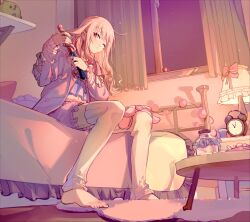 Rule 34 | 1other, absurdres, akiyama mizuki, alarm clock, barefoot, bed, bedroom, clock, closed mouth, commentary request, curtains, dechel, desk lamp, full body, hair straightener, hairdressing, highres, holding hair straightener, indoors, jacket, lamp, long hair, long sleeves, looking at viewer, night, on bed, other focus, pajamas, pink eyes, pink hair, pink jacket, pink pajamas, pink shorts, project sekai, shorts, sitting, solo, soshite ima ribbon wo musunde (project sekai), stuffed animal, stuffed toy, table, thighhighs, white thighhighs, window