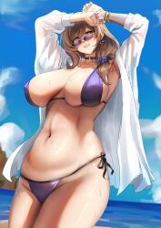 1girl absurdres armpits arms_up blue_sky breasts brown_hair choker cloud earrings fingernails flower genshin_impact green_eyes hair_flower hair_ornament hans-kun highres jewelry large_breasts lipstick lisa_(genshin_impact) looking_over_eyewear makeup medium_hair purple-tinted_eyewear sky smile solo sunglasses swimsuit thighs tinted_eyewear