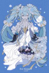 Rule 34 | 1girl, artist name, bare shoulders, blue dress, blue hair, closed eyes, commentary, double-parted bangs, dress, hair between eyes, hatsune miku, highres, long hair, long sleeves, off-shoulder dress, off shoulder, own hands clasped, own hands together, simple background, solo, sunfish3939, twintails, vocaloid, wide sleeves