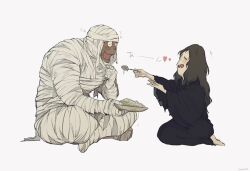 1boy 1girl bareto_73 brown_hair commentary_request feeding food gegege_no_kitarou holding holding_plate holding_spoon husband_and_wife iwako_(gegege_no_kitarou) japanese_clothes long_hair medama_oyaji mummy open_mouth plate simple_background sitting spoon