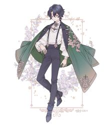 Rule 34 | 1boy, black hair, black pants, black shoes, cloak, commentary, commission, floral background, flower, full body, green cloak, green eyes, lemon89h, looking at viewer, original, pants, purple flower, rococo movement, shoes, solo, standing, standing on one leg, suspenders