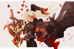 1girl absurdres armor blonde_hair breastplate cape fangs fate/grand_order fate_(series) foreshortening gloves hand_on_hilt highres horns long_hair nagatsuki_(huwamo9_8ku) nero_claudius_(fate) open_mouth pale_skin petals profile pteruges queen_draco_(fate) red_eyes scales signature simple_background solo standing sword vambraces weapon wind