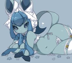 1girl :&lt; animal_ears animal_hands artist_name bare_shoulders blue_background blue_eyes blue_flower blue_fur blue_hair blue_sclera blue_theme blush body_fur bonnet bow bow_panties bra breasts claws closed_mouth colored_sclera cowboy_shot ears_through_headwear female_focus flower furry furry_female gen_4_pokemon glaceon hand_up heart highres large_breasts lingerie long_hair looking_at_viewer lying matching_hair/eyes multicolored_hair navel nintendo on_side panties personification playing_with_own_hair pokemon pokemon_(creature) saamon_1010 shiny_skin side-tie_panties sidelocks signature simple_background skindentation solo stomach string_panties tail thick_thighs thighhighs thighs twintails two-tone_hair underwear underwear_only white_bonnet white_bra white_headwear white_panties white_thighhighs wide_hips