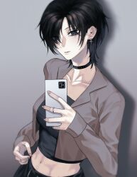 Rule 34 | 1girl, absurdres, assisted exposure, black choker, black hair, black tube top, breasts, cellphone, choker, closed mouth, collarbone, cropped jacket, cross, cross earrings, earrings, eyes visible through hair, gradient background, grey background, grey jacket, hair over one eye, highres, holding, holding phone, jacket, jewelry, mlarge breasts, multiple earrings, multiple rings, navel, open clothes, open jacket, original, phone, purple eyes, ring, selfie, short hair, smartphone, solo, strapless, toned, tube top, tyrezal