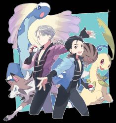2boys :d aurorus bayleef black_hair blue_eyes brown_eyes collared_shirt creatures_(company) crossover game_freak gen_2_pokemon gen_6_pokemon gen_7_pokemon gen_8_pokemon hair_slicked_back jewelry katsuki_yuuri kuroemon lycanroc lycanroc_(midday) male_focus multiple_boys nintendo open_mouth outstretched_hand poke_ball poke_ball_(basic) pokemon pokemon_(creature) ring shirt silver_hair smile swinub viktor_nikiforov yuri!!!_on_ice