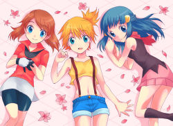 Rule 34 | 3girls, blue eyes, blue hair, brown hair, cubexcube, dawn (pokemon), flower, gym leader, long hair, may (pokemon), midriff, misty (pokemon), multiple girls, nintendo, orange hair, petals, pokemon, pokemon (anime), short hair, shorts, side ponytail, skirt, smile, suspenders