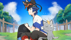 1boy alolan_form alolan_meowth baseball_cap black_bag black_hat black_pants blue_hair blue_sky cloud commentary_request creatures_(company) dated elio_(pokemon) fence game_freak gen_7_pokemon grin hat litten looking_up male_focus nintendo on_head outdoors pants picket_fence pokemon pokemon_(creature) pokemon_adventures pokemon_on_head rozu_ki short_hair sitting sky smile tree wooden_fence