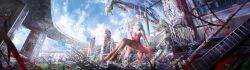 Rule 34 | 1girl, absurdres, apas8384, bandaged arm, bandages, bare shoulders, black pantyhose, blue sky, breasts, commentary, day, dress, flower, grey hair, high heels, highres, holding, holding flower, long hair, outdoors, pantyhose, phrolova (wuthering waves), red dress, red shoes, shoes, sitting, sky, small breasts, solo, spider lily, wide shot, wuthering waves