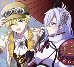 1boy 1girl armor ascot black_gloves blonde_hair blue_eyes brown_hat brown_jacket closed_mouth collared_shirt gloves goggles goggles_on_headwear hair_between_eyes hat holding holding_umbrella jacket japanese_armor japanese_clothes kaguya_(rune_factory) long_hair looking_at_another mauro_(rune_factory) mikesabi0303 newsboy_cap notice_lines oil-paper_umbrella one_eye_closed open_mouth purple_eyes purple_hair rain red_umbrella rune_factory rune_factory:_guardians_of_azuma shirt short_hair smile umbrella upper_body white_ascot white_shirt