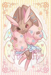 1girl :&gt; alternate_color apron artist_name blue_apron blue_bow blue_dress blue_flower blue_wings blush body_fur bow brown_fur closed_mouth clothed_pokemon dress ear_bow ear_flower easter extra_wings feathered_wings female_focus flower frilled_apron frills full_body furry furry_female gen_4_pokemon hands_up happy heart highres holding_own_ears kagure_(karaguren) knees_together_feet_apart long_ears looking_at_viewer lopunny nintendo one_eye_closed outline pink_fur pink_outline plaid_apron plaid_clothes pokemon pokemon_(creature) purple_wings rabbit_ears rabbit_girl red_eyes shiny_pokemon short_dress signature smile solo standing striped_background two-tone_fur watermark wings wink yellow_flower