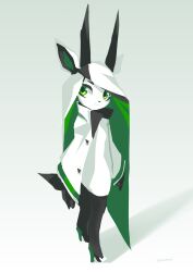 1girl 2017 2025 absurdres arabian_oryx black_leggings china_dress chinese_clothes coat commentary dress english_commentary eyeliner from_above from_side full_body furry furry_female green_eyeliner green_eyes green_nails head_tilt high_heels highres horns joints krita_(medium) leggings libbie_the_spirit_oryx light_smile long_hair long_sleeves looking_at_viewer looking_back makeup office office_lady open_mouth original oryx parted_lips puffy_long_sleeves puffy_sleeves robot robot_joints signature simple_background spirit_animals_in_disguise tsurime tyson_tan white_coat white_dress white_hair